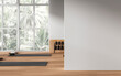 Stylish yoga class interior with mat and dumbbell rack, mock up wall
