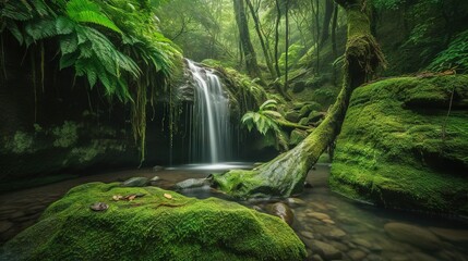  a small waterfall in the middle of a lush green forest.  generative ai