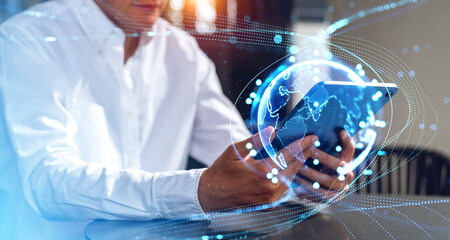 Poster - Businessman with tablet, earth sphere hologram and online connection