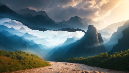 Wall Mural - A Dreamy Scene Of A Mountain Valley With A River Running Through It AI Generative