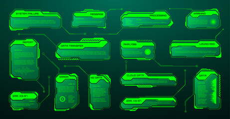 Poster - Green futuristic HUD, UI elements. Sci-fi user interface text boxes, callouts. Warning message frames, information boxes template. Modern game interface layout in digital style. Vector illustration
