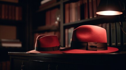 Sticker -  two red hats sitting on top of a wooden table in front of a book shelf.  generative ai