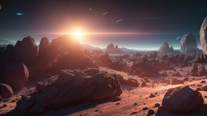 Wall Mural - An Excellent View Of A Rocky Landscape With A Bright Sun AI Generative