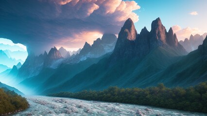 Wall Mural - An Abstract Painting Of A Mountain River With A Mountain Range In The Background AI Generative