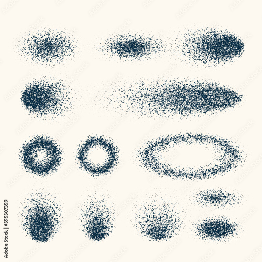 Stipple shadows set, vintage dotted design elements. Fading gradient. Stippling, dotwork drawing, shading using dots. Halftone disintegration effect. White noise grainy texture. Vector illustration