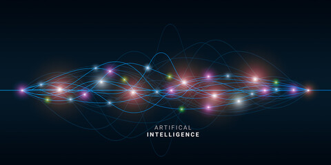 Aufkleber - Artificial Intelligence. AI Neural Network Lines, Digital Wave With Gloving Connection Dots