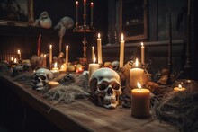 Scary Banner Featuring A Skull And Candles On A Halloween-themed Church Table. Keywords: Spooky, Halloween, Banner, Skull, Candles, Churchyard, Tabletop, Scary, Decoration, Eerie. Generative AI