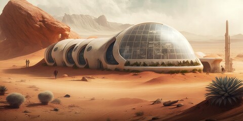 Wall Mural - Futuristic building habitat on mars settlement from sci-fi novel. superlative generative AI image.