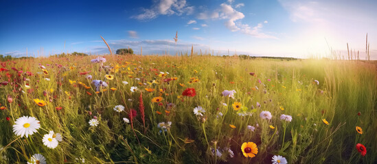 Wall Mural - panorama of spring meadows fields with blooming flowers in summer under blue sky. Generative AI illustration