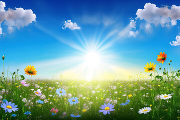 Wall Mural - blooming spring flowers on field meadow against blue sky in summer. Generative AI illustration
