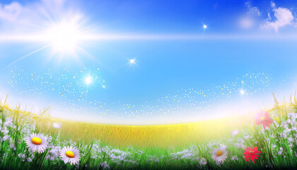 Wall Mural - blooming spring flowers on field meadow against blue sky in summer. Generative AI illustration