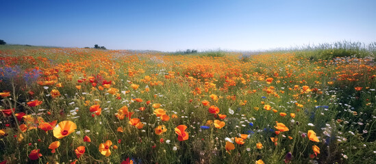 Wall Mural - panorama with blooming spring flowers in field meadow against blue sky in summer. Generative AI illustration