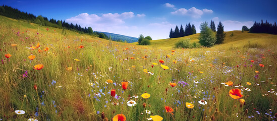 Wall Mural - panorama with field meadow with blooming spring flowers against blue sky in summer. Generative AI illustration