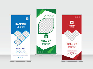 Wall Mural - Modern Exhibition Advertising Trend Business Roll Up Banner Stand Poster Brochure flat design template creative concept. Presentation. Cover Publication. Stock vector.  blue, green, red banner design.