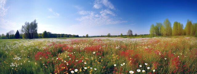 Wall Mural - meadow field with flowers and trees on sunny summer day. Generative AI illustration