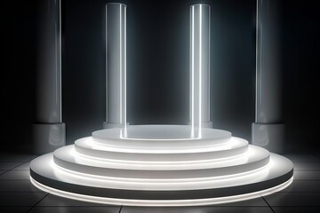Wall Mural - white podium with light beams in the style of circular shapes. Generative ai