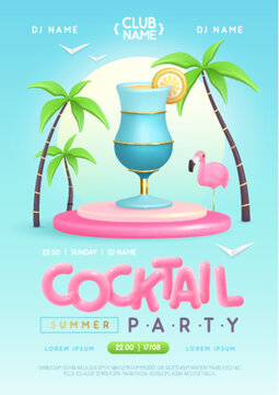 Summer cocktail disco party typography poster with 3D plastic text, cocktail, palm trees and flamingo. Vector illustration