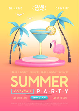 Summer cocktail disco party poster with 3D plastic cosmopolitan cocktail, palm trees and flamingo. Vector illustration