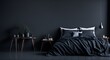 Cama con sábanas negras en dormitorio contemporáneo con diseño minimalista