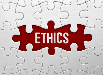 Poster - word ethics on red puzzle background