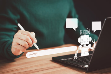 Poster - Chat with Ai. Adult man chatting with a smart AI or artificial intelligence using an artificial intelligence chatbot developed. Futuristic technology transformation. Chatbot, Artificial intelligence.