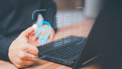 Fototapete - Client man touching the virtual screen assessment sign of the top service quality assurance on computer laptop. Guarantee, Standard, ISO certification and standardization concept.
