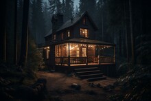 A Cabin In The Forest Surrounded By Darkness - Made With Computer Technology. Generative AI