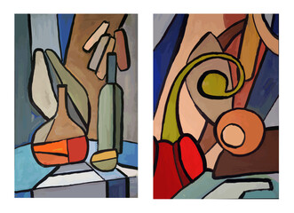 Abstract art. Still life paintings set. Two paintings. Collection. Bright colors. Mosaic art.