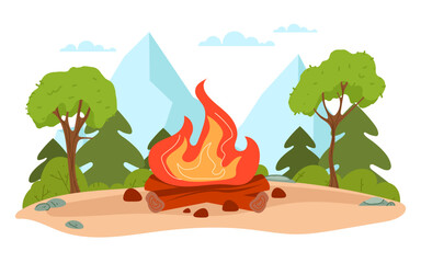 Wall Mural - Fire bonfire camp campfire wood forest concept. Vector graphic design illustration
