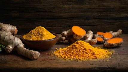 Turmeric powder and fresh turmeric on wooden background, Generative AI