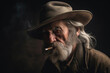 A portrait of an old man with a cowboy hat smoking a pipe. Generative AI