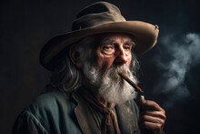 A Portrait Of An Old Man With A Cowboy Hat Smoking A Pipe. Generative AI