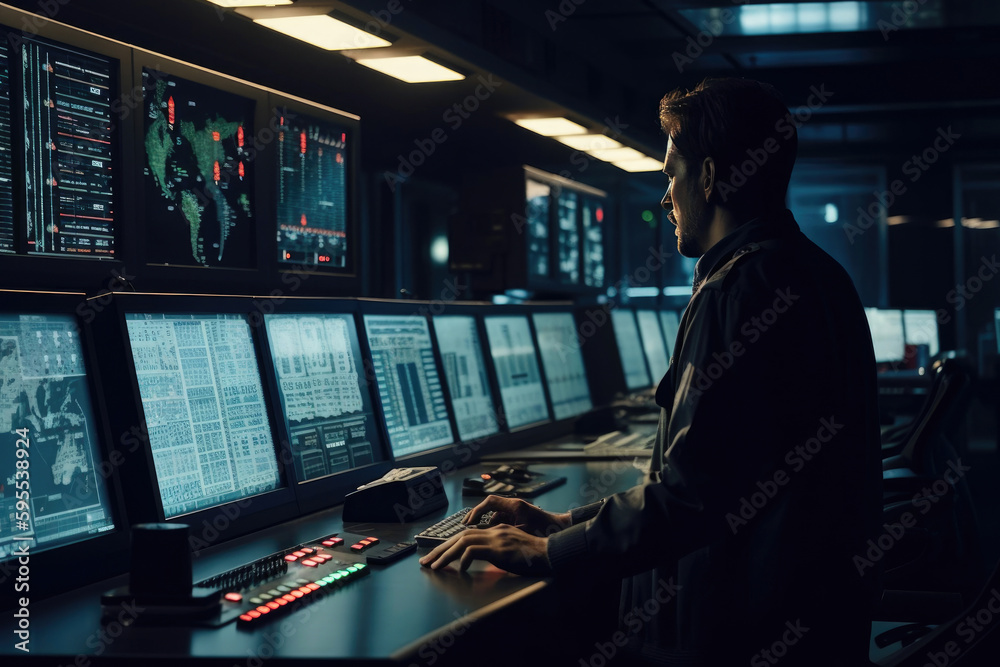 Network Control Officers Security officer monitoring the central control panel. Generative AI ...