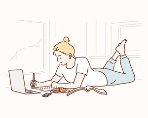 Wall Mural - Beautiful  woman lying on white carpet using laptop in modern cozy living room interior, studying and relaxing at home with books, cookies and cup of tea.Hand drawn style vector design illustration.