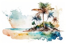 A Watercolor Painting Of A Tropical Island With Palm Trees, Created With Generative Ai Technology