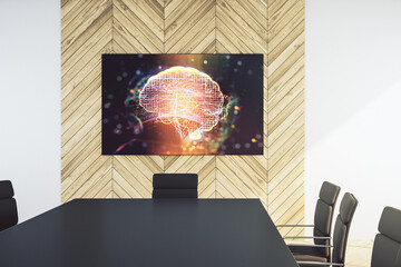 Poster - Creative human brain microcircuit on presentation monitor in a modern boardroom. Future technology and AI concept. 3D Rendering