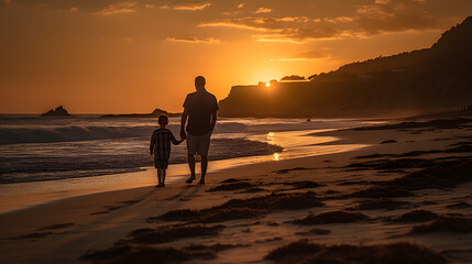 Canvas Print - father and son journey at sunset Generative AI