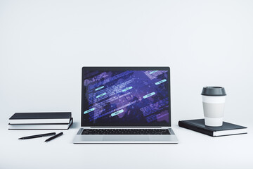 Poster - abstract creative coding concept with world map on modern laptop screen. 3d rendering