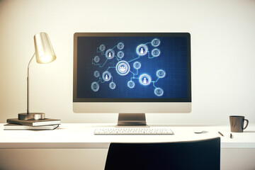 Poster - Modern computer display with social network icons concept. Networking concept. 3D Rendering