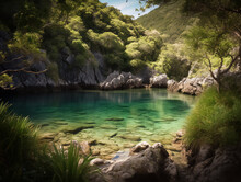 Tranquil Secluded Cove
A Serene Image Of A Secluded Cove With Crystal Clear Water And Lush Vegetation Evokes A Peaceful Atmosphere