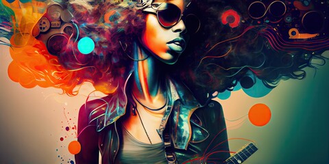 Wall Mural - Abstract art in overlapped musician with hairstyle decorated by instrument design. Concept of captivated in exotic music styles with cyberpunk color. Glorious generative AI.