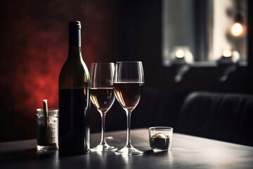 Restaurant background with two wine glasses and a wine bottle on table, copy space