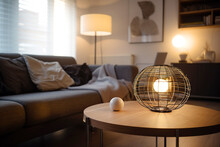 Wire Table Lamp On Wooden Coffee Table. Interior Design Of Modern Living Room. Created With Generative AI