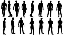 Collection Of Different Silhouette Male Body Posing With Business Working Suit, Isolated Vector