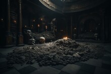 Dark Altar In Cemetery Crypt With Skulls And Bones Scattered On Floor. Generative AI