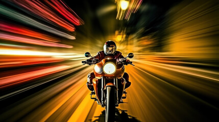 A biker on a motocycle in a night city, motion blur, slow shutter camera speed created with generative AI technology