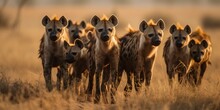 A Pack Of Hyenas Hunting Together In The Savanna, Concept Of Predator-prey Dynamics, Created With Generative AI Technology