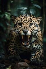 Wall Mural - Wild Jaguar panthera roaring aggressively. Jungle forest running generative ai