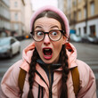 Junge Frau mit Brille und schockiertem Gesichtsausdruck - Generative AI