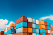 © Jezper - Shipping containers stacked against blue sky. Generative ai